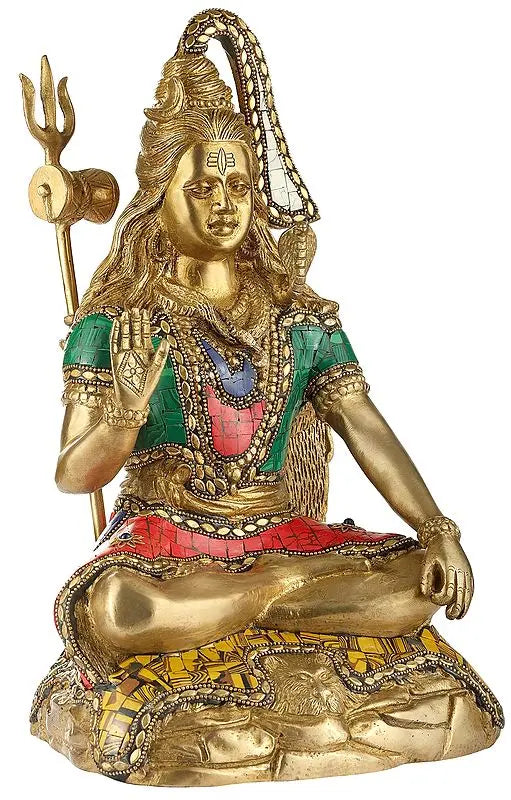 ब्रासौरा™ पीतल की शिव प्रतिमा इनले वर्क के साथ | ऊँचाई 14 इंच और वज़न 7.40 किलोग्राम