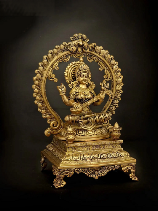 Brassaura® Goddess Saraswati with Prabhavali | Brass Statue | Height 13.6 Inches & Weight 6.22 kgs