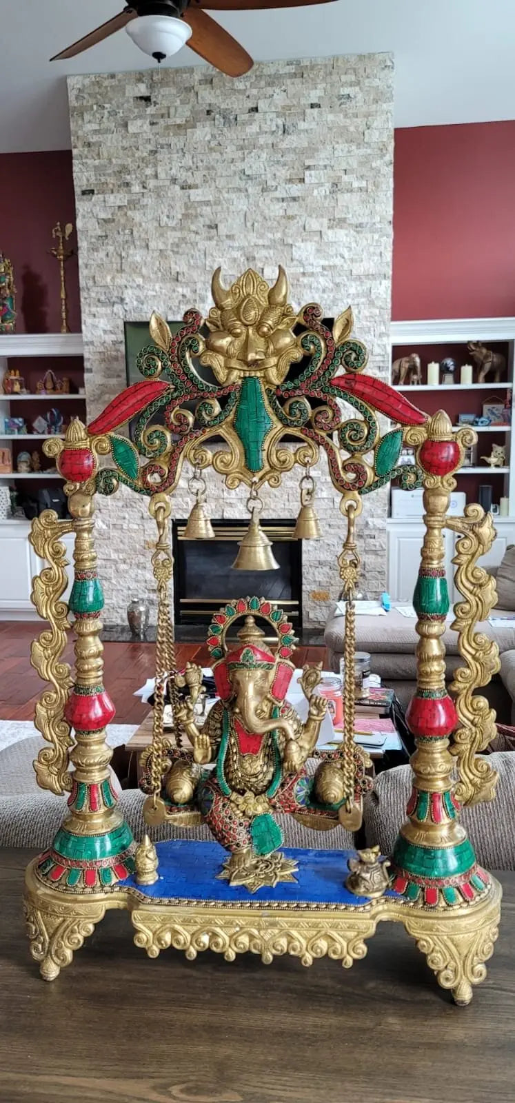 ब्रास्सौरा™ स्टोनवर्क और इनले के साथ ब्रास गणेश झूला, होम टेम्पल की सजावट के लिए | 27 इंच | 16.70 किलोग्राम