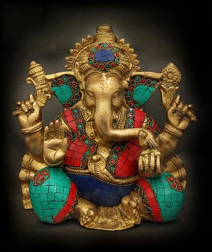 Brassaura™ Brass Ganesha Idol with Inlay Work for Home Temple & Pooja Decor | 8.5 Inches | 5 kgs