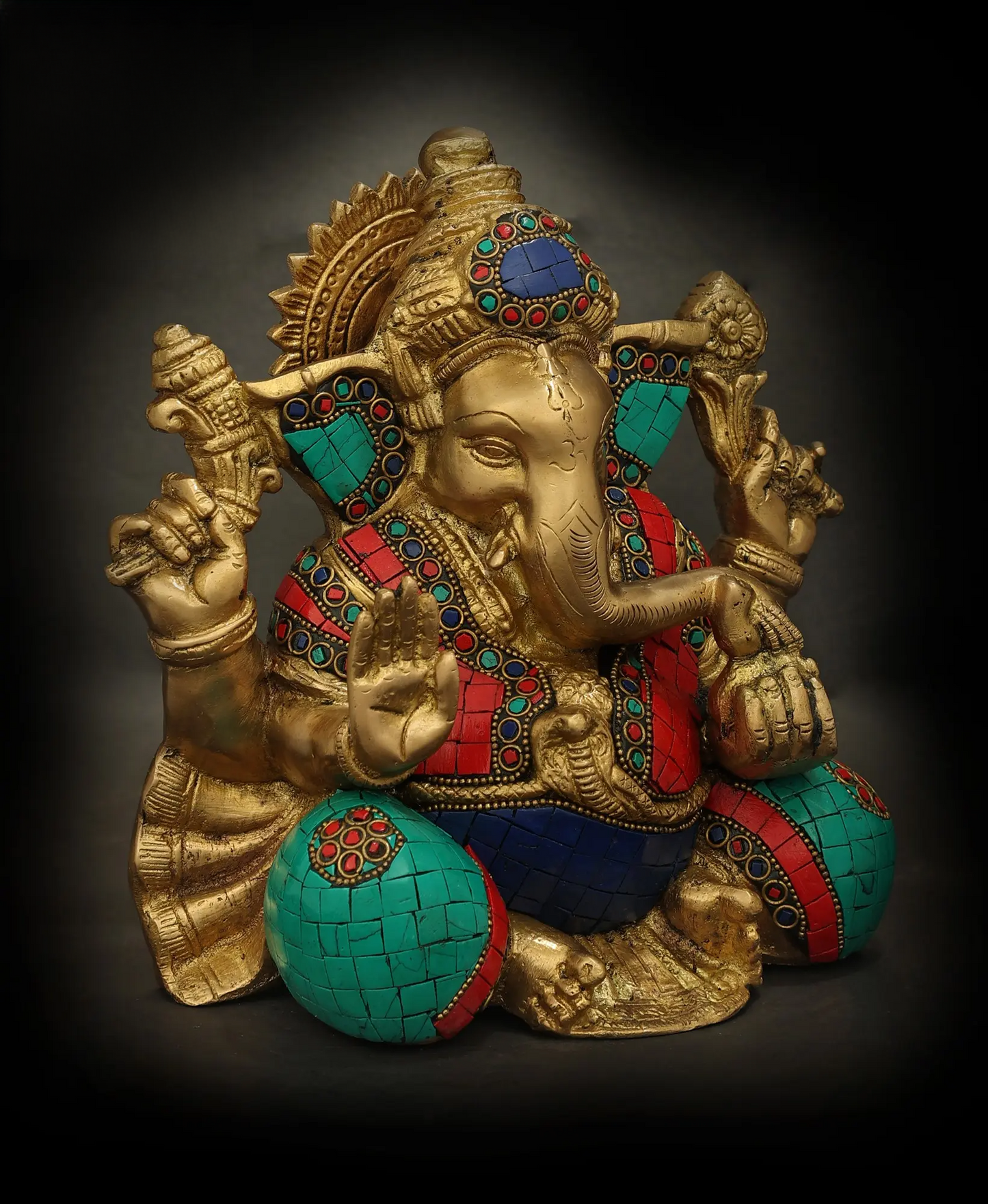 Brassaura™ Brass Ganesha Idol with Inlay Work for Home Temple & Pooja Decor | 8.5 Inches | 5 kgs