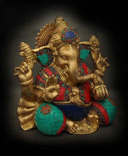 Brassaura™ Brass Ganesha Idol with Inlay Work for Home Temple & Pooja Decor | 8.5 Inches | 5 kgs