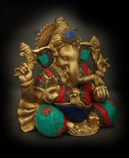 ब्रासौर™ पीतल गणेश मूर्ति, जड़ाई के काम के साथ, घर के मंदिर और पूजा की सजावट के लिए | 8.5 इंच | 5 किलोग्राम