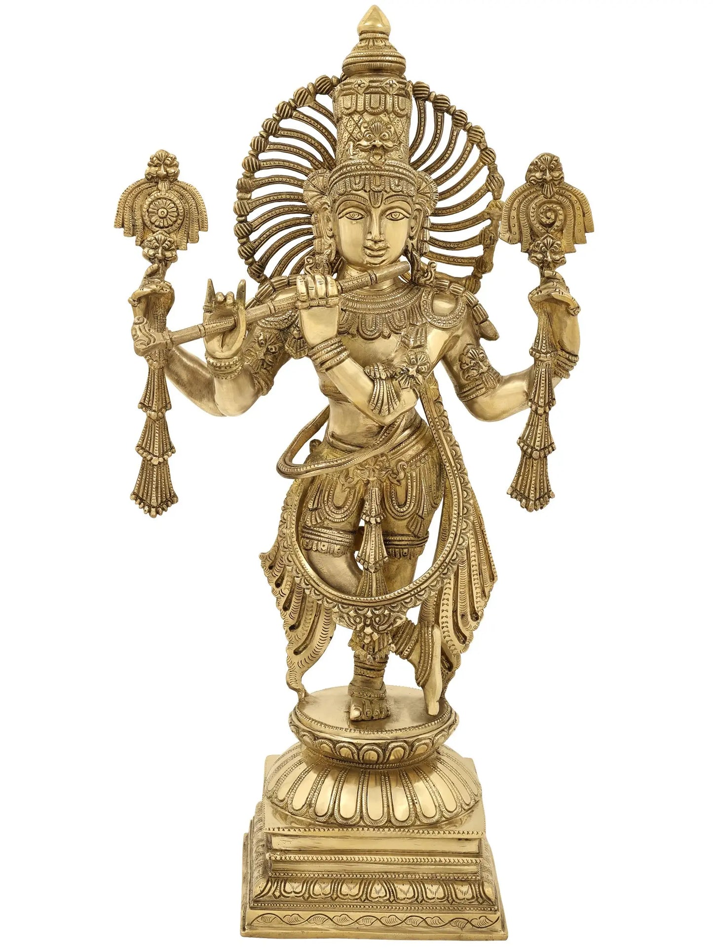 ब्रासौरा® पीतल कृष्ण प्रतिमा इनले वर्क के साथ | ऊंचाई 24.02 इंच और वज़न 13 किलो