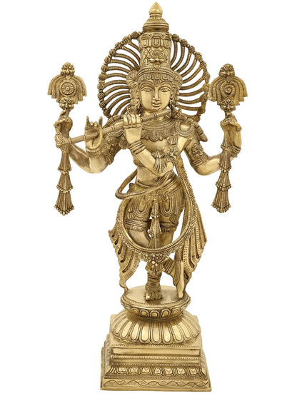ब्रासौरा® पीतल कृष्ण प्रतिमा इनले वर्क के साथ | ऊंचाई 24.02 इंच और वज़न 13 किलो