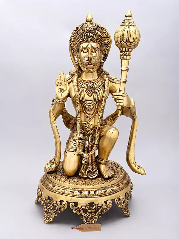Brassaura® Hanuman Kneeling Blessing Pose Idol with Natural Brass Finish | Pure Superfine Brass Handcrafted Murti | Brass Statue for Home Temple, Pooja Room | Height 20 Inches | Weight 14.92 Kgs