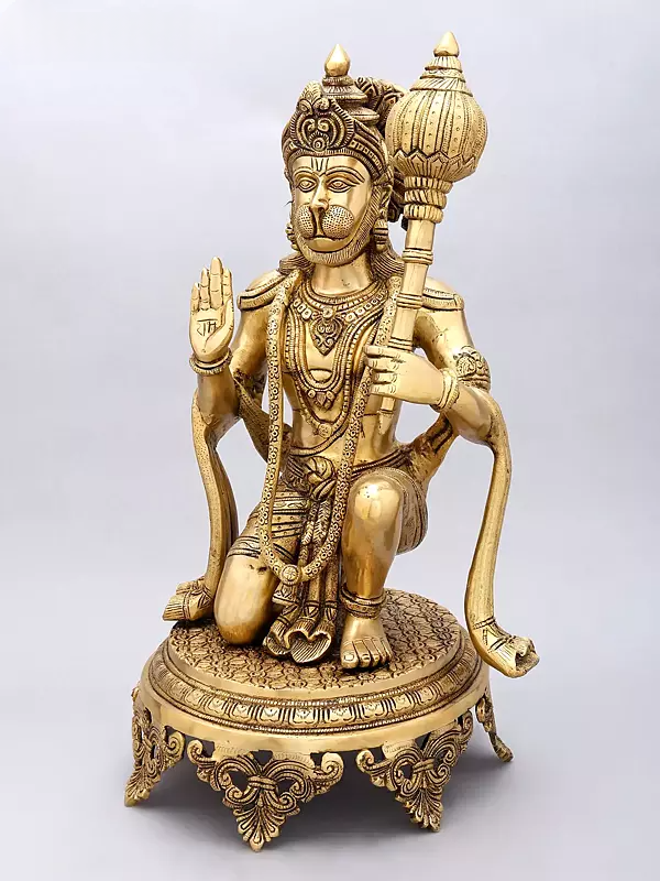 Brassaura® Hanuman Kneeling Blessing Pose Idol with Natural Brass Finish | Pure Superfine Brass Handcrafted Murti | Brass Statue for Home Temple, Pooja Room | Height 20 Inches | Weight 14.92 Kgs