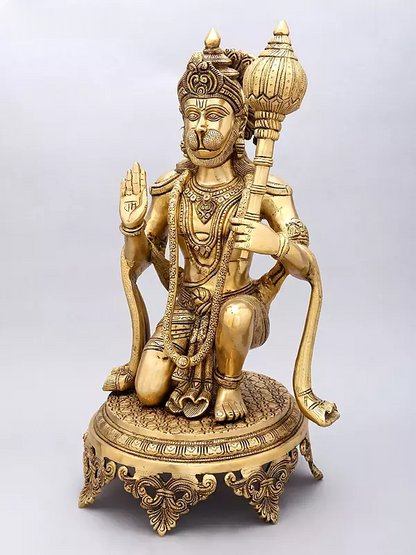 Brassaura® Hanuman Kneeling Blessing Pose Idol with Natural Brass Finish | Pure Superfine Brass Handcrafted Murti | Brass Statue for Home Temple, Pooja Room | Height 20 Inches | Weight 14.92 Kgs