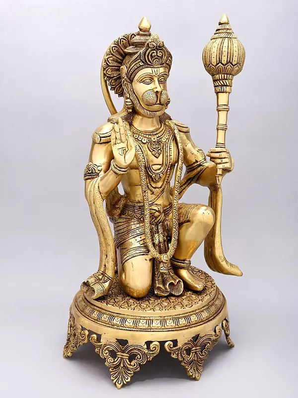Brassaura® Hanuman Kneeling Blessing Pose Idol with Natural Brass Finish | Pure Superfine Brass Handcrafted Murti | Brass Statue for Home Temple, Pooja Room | Height 20 Inches | Weight 14.92 Kgs
