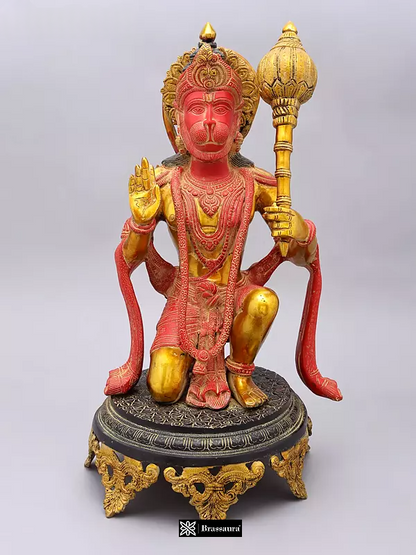 Brassaura® Hanuman Kneeling Blessing Pose Idol with Sindoori Gold And Black Finish | Pure Superfine Brass Handcrafted Murti | Brass Statue for Home Temple, Pooja Room | Height 20 Inches | Weight 14.92 Kgs