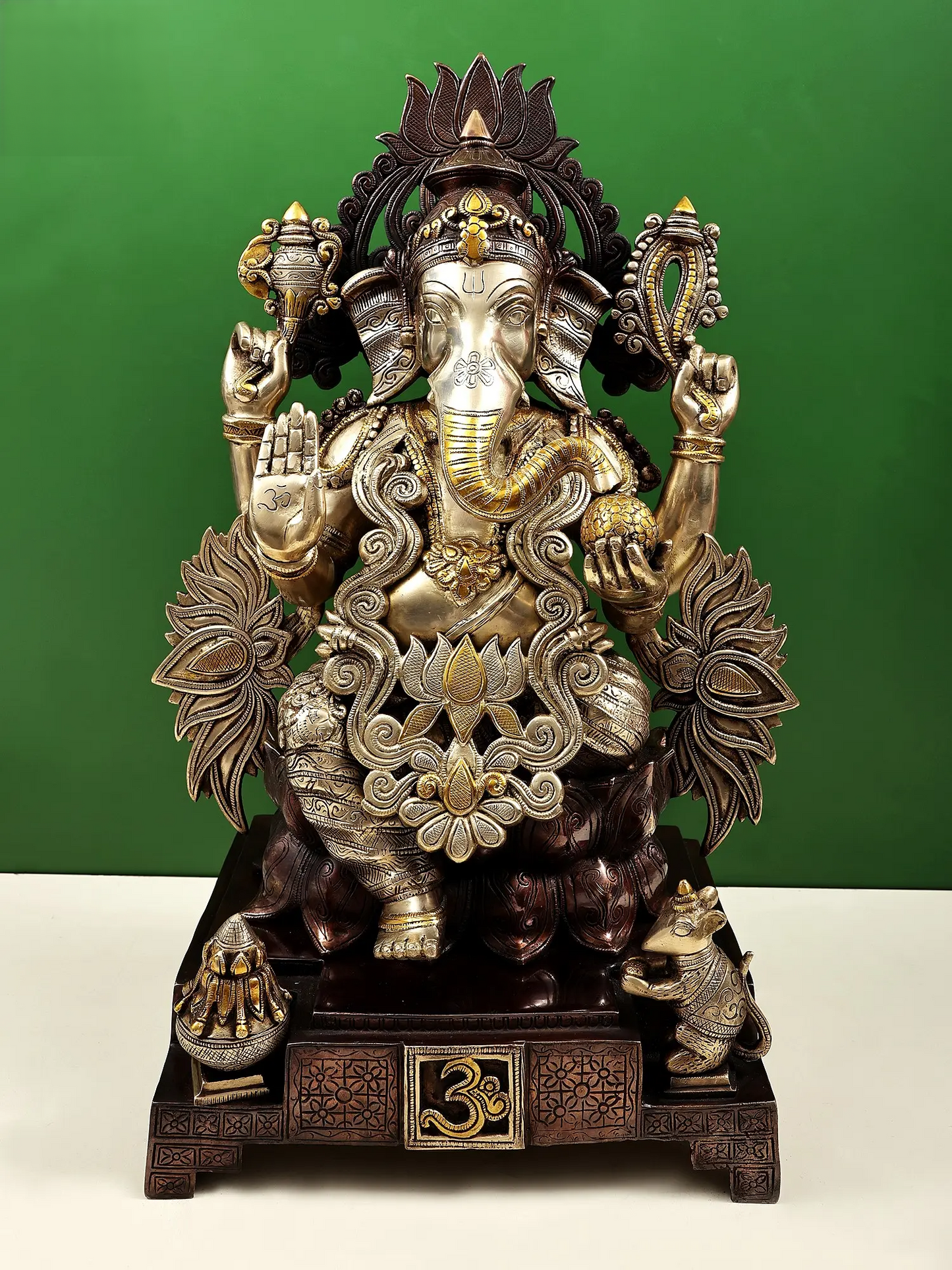 Brassaura® Majestic Lord Ganesha on Lotus Throne | Pure Brass Dual Tone Finish | Height 25 Inches & Weight 31.28 kgs