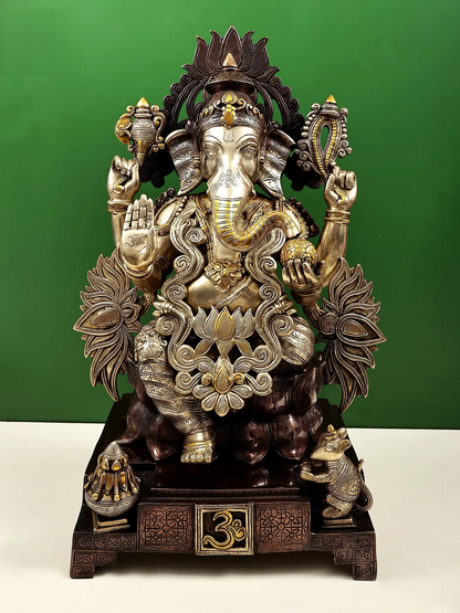 Brassaura® Majestic Lord Ganesha on Lotus Throne | Pure Brass Dual Tone Finish | Height 25 Inches & Weight 31.28 kgs