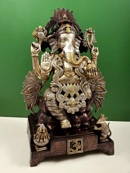 Brassaura® Majestic Lord Ganesha on Lotus Throne | Pure Brass Dual Tone Finish | Height 25 Inches & Weight 31.28 kgs