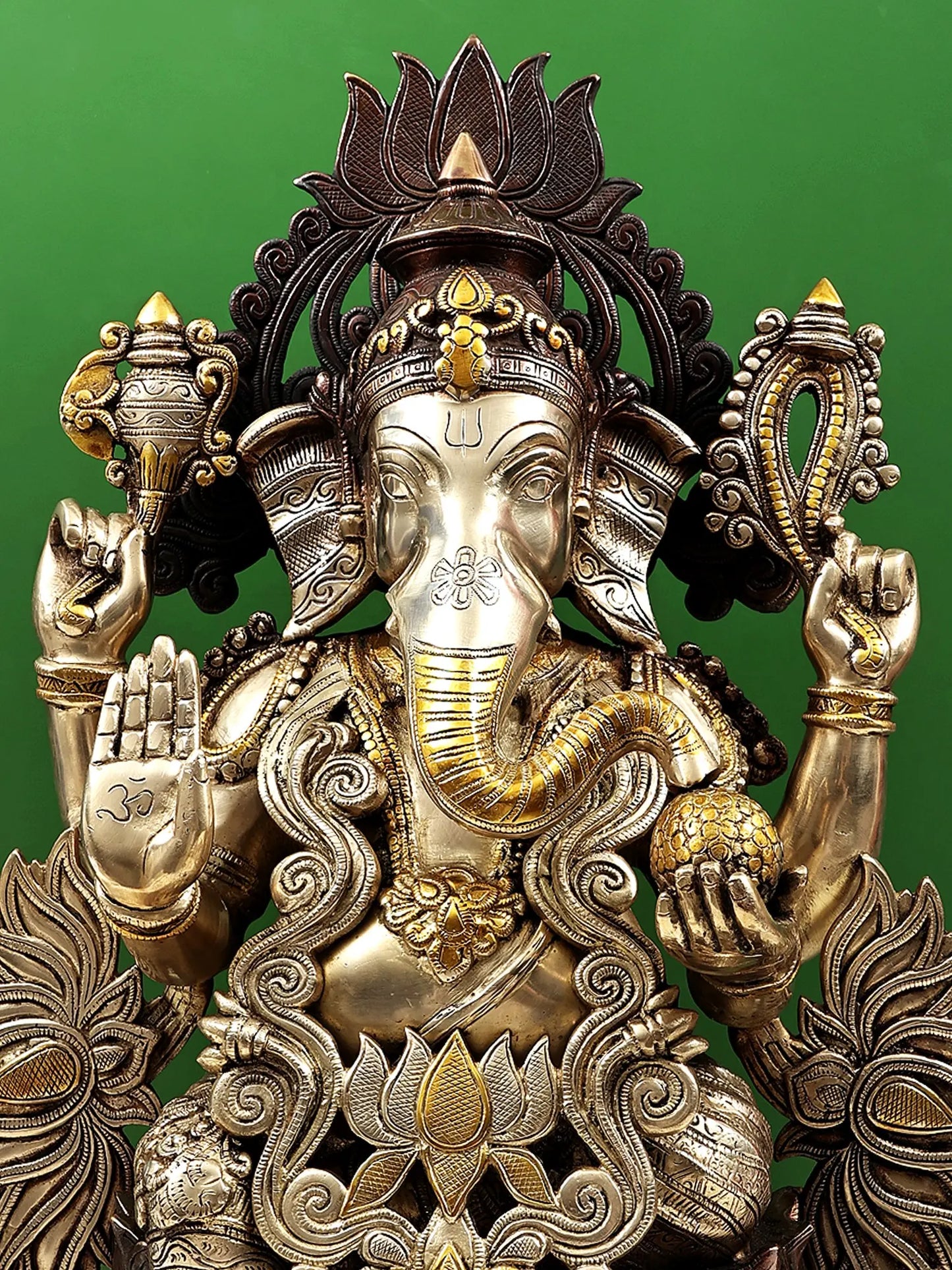 Brassaura® Majestic Lord Ganesha on Lotus Throne | Pure Brass Dual Tone Finish | Height 25 Inches & Weight 31.28 kgs