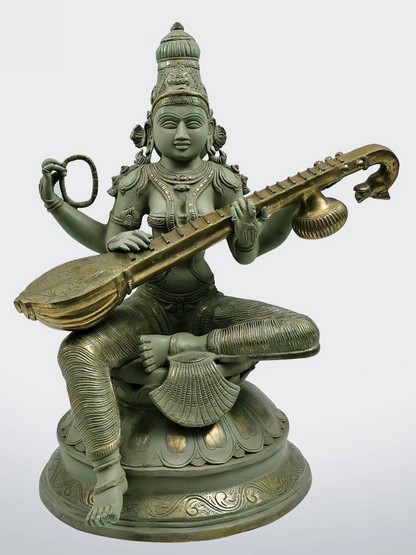 Brassaura® Brass Goddess Saraswati Statue | Height 22.44 Inches & Weight 29 kg