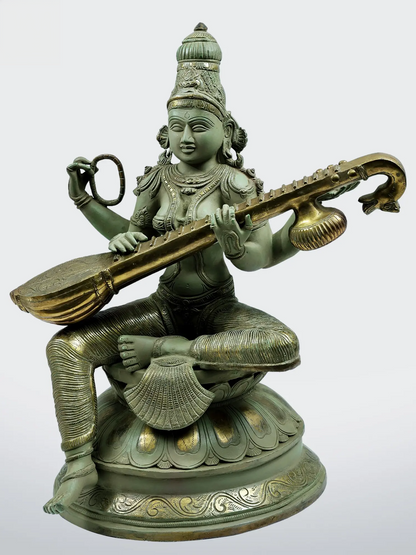 Brassaura® Brass Goddess Saraswati Statue | Height 22.44 Inches & Weight 29 kg