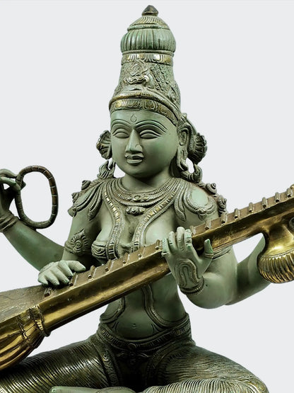 Brassaura® Brass Goddess Saraswati Statue | Height 22.44 Inches & Weight 29 kg