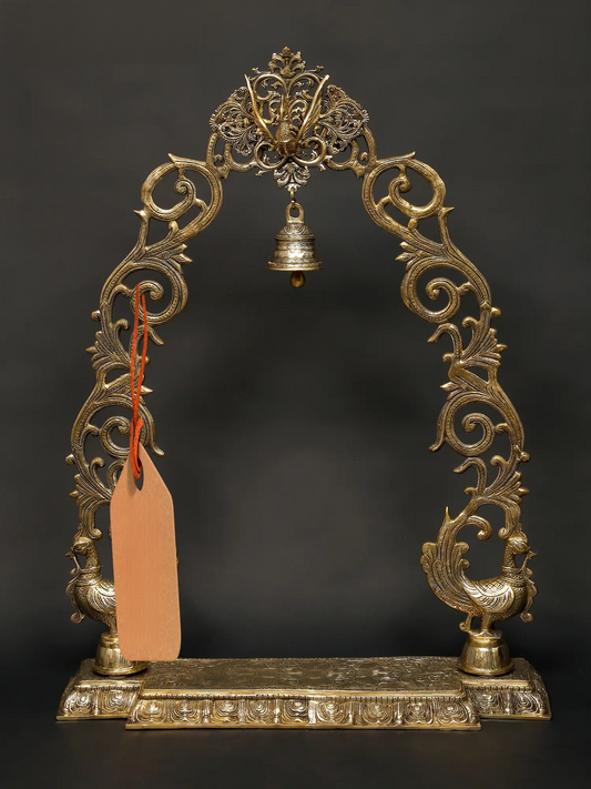 Brassaura® Grand Brass Peacock Arch with Hanging Bell | Height 45.1 Inches & Weight 30.80 kgs