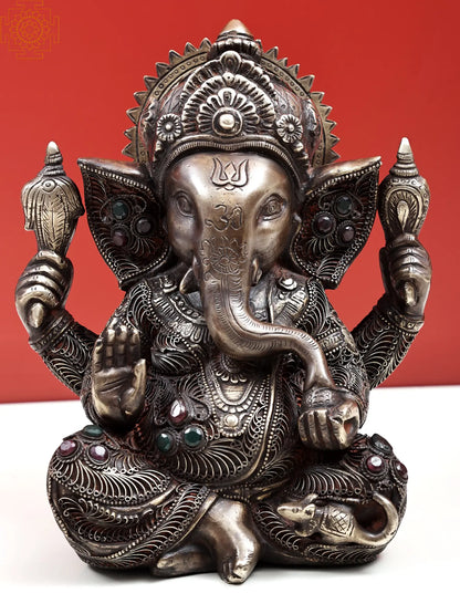 Brassaura™ Antique Silver Finish Lord Ganesha Idol with Stone Detailing | Height 9 Inches & Weight 5.54 kgs