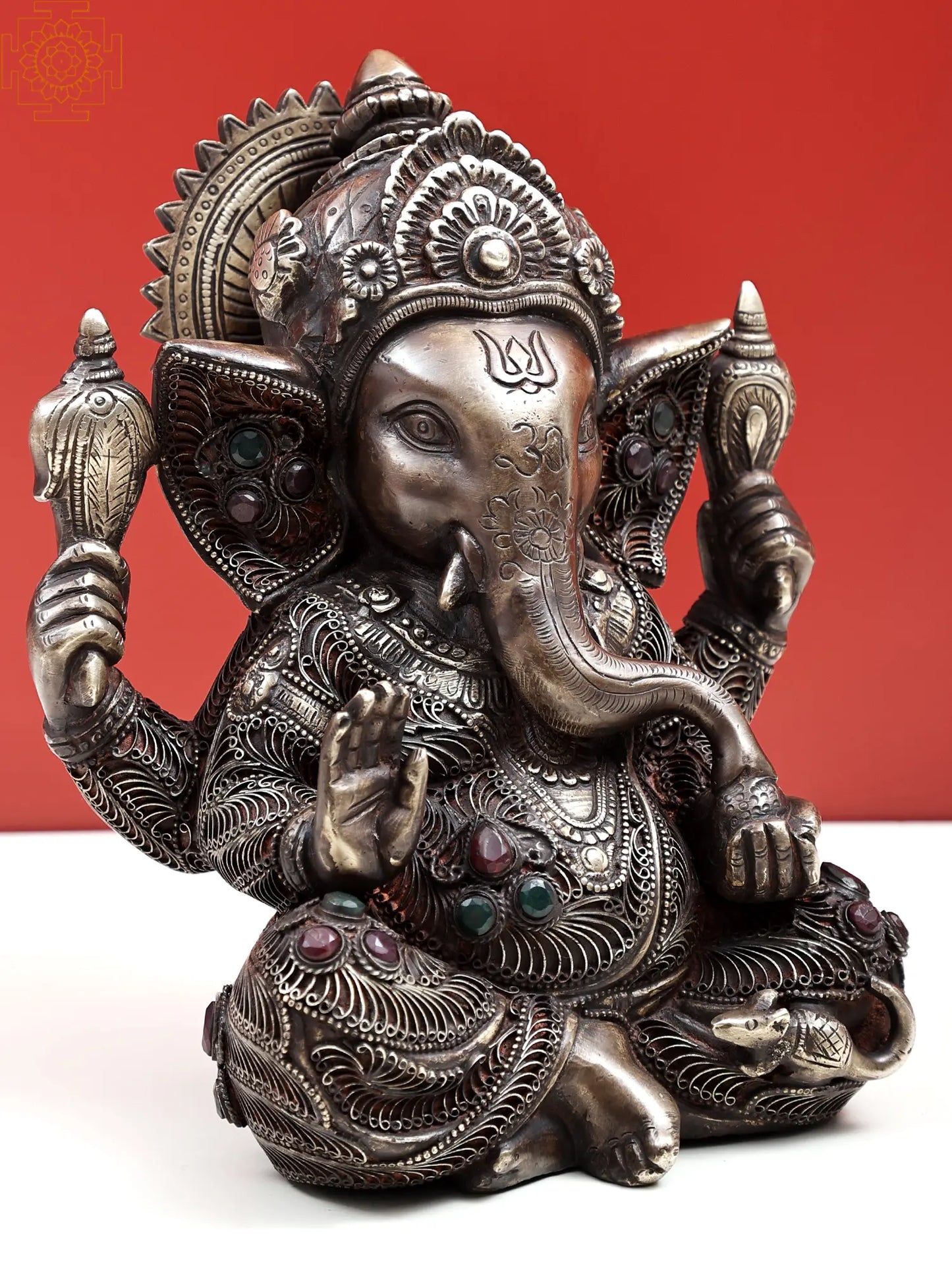 Brassaura™ Antique Silver Finish Lord Ganesha Idol with Stone Detailing | Height 9 Inches & Weight 5.54 kgs