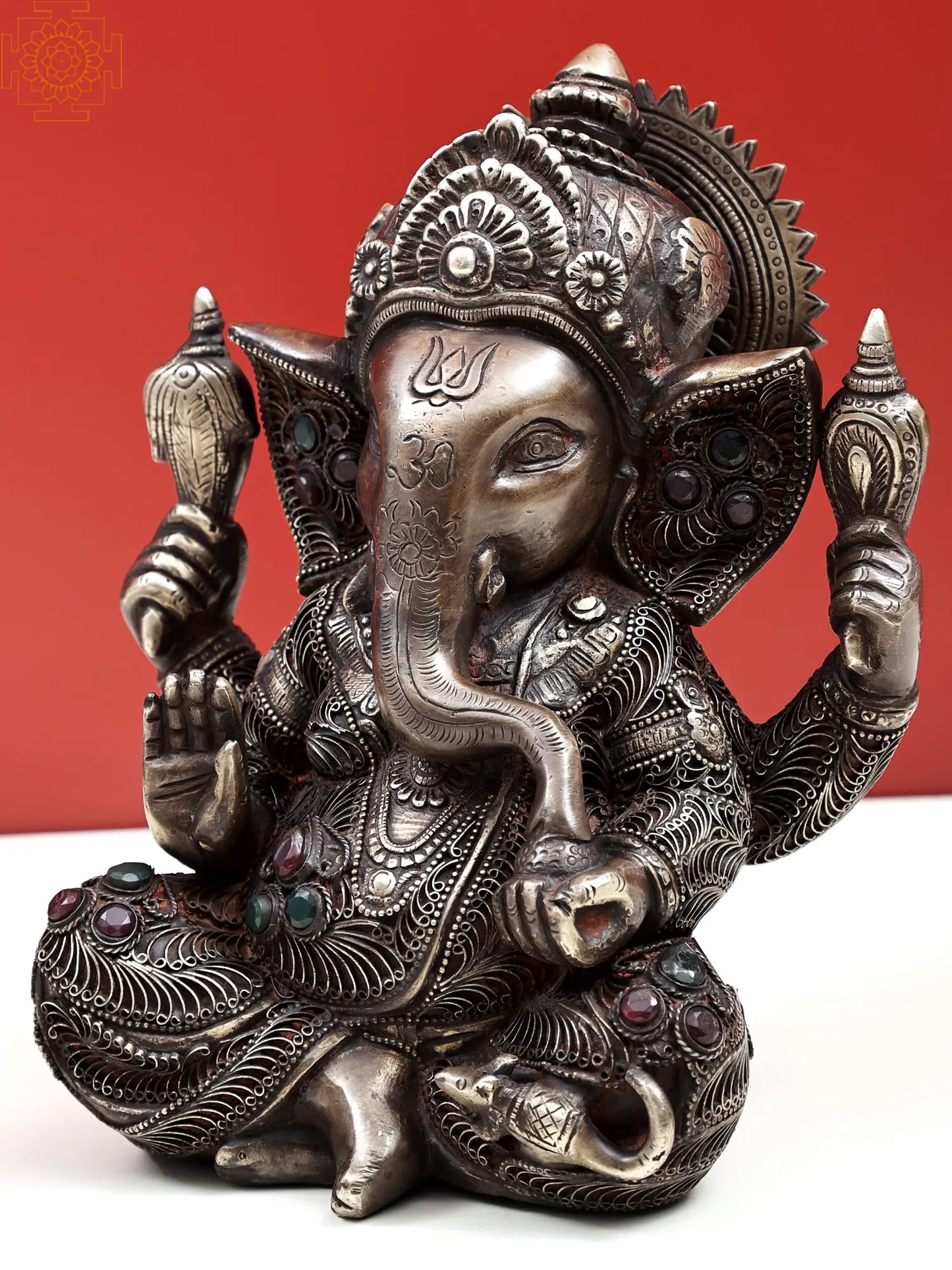 Brassaura™ Antique Silver Finish Lord Ganesha Idol with Stone Detailing | Height 9 Inches & Weight 5.54 kgs