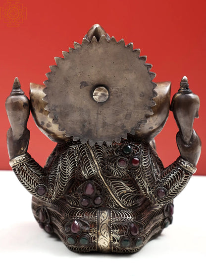 Brassaura™ Antique Silver Finish Lord Ganesha Idol with Stone Detailing | Height 9 Inches & Weight 5.54 kgs