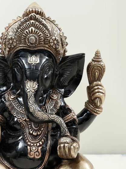 Brassaura™ Black & Antique Finish Lord Ganesha Idol | Height 9 Inches & Weight 3.94 kgs
