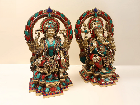 Brassaura™ Lakshmi & Ganesha Idol Set with Inlay Stonework | Height 22 Inches & Weight 44 kgs