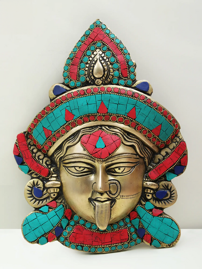 Brassaura® Brass Kali Face Wall Mask with Stone Inlay | Height 10 Inches & Weight 1.96 kgs