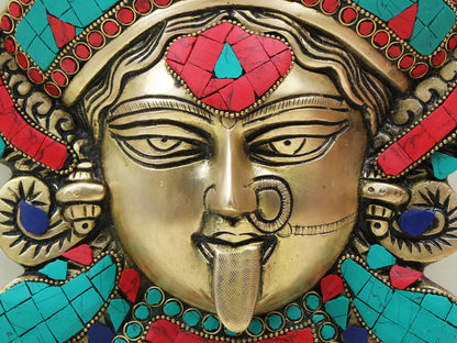 Brassaura® Brass Kali Face Wall Mask with Stone Inlay | Height 10 Inches & Weight 1.96 kgs