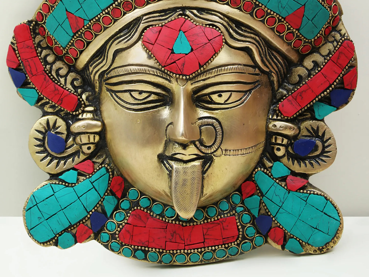 Brassaura® Brass Kali Face Wall Mask with Stone Inlay | Height 10 Inches & Weight 1.96 kgs