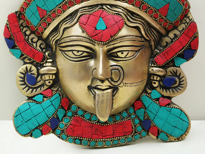 Brassaura® Brass Kali Face Wall Mask with Stone Inlay | Height 10 Inches & Weight 1.96 kgs