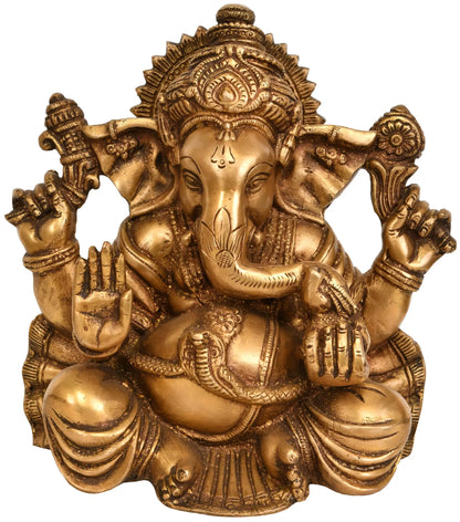 Brassaura™ Seated Lord Ganesha Brass Statue | Height 8.7 Inches & Weight 5 kgs