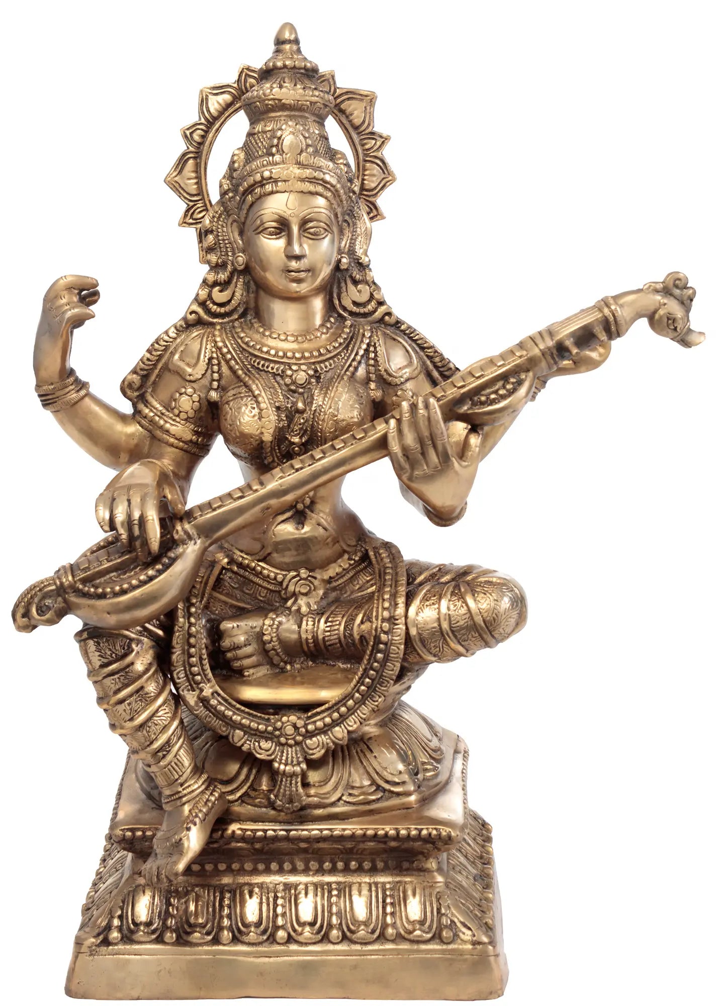 Brassaura® Goddess Saraswati Seated with Veena | Pure Brass Statue | Height 29 Inches & Weight 31.20 kgs