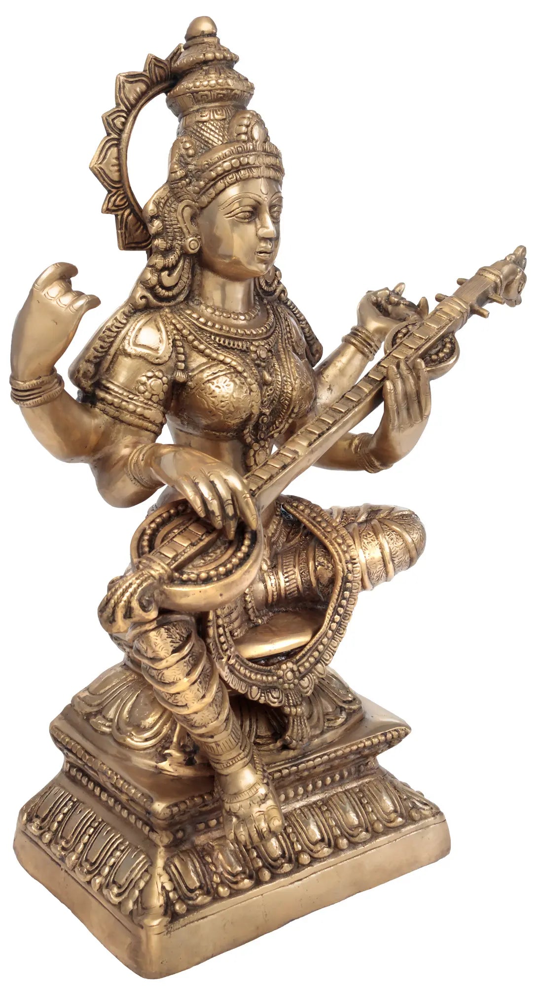 Brassaura® Goddess Saraswati Seated with Veena | Pure Brass Statue | Height 29 Inches & Weight 31.20 kgs
