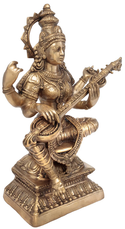 Brassaura® Goddess Saraswati Seated with Veena | Pure Brass Statue | Height 29 Inches & Weight 31.20 kgs