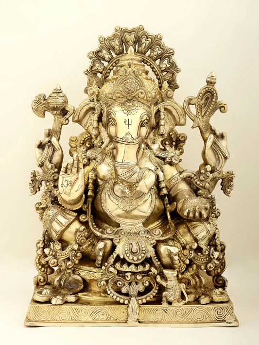 Brassaura® Majestic Seated Ganesha with Ornate Prabhavali | Height 19.29 Inches & Weight 24.50 kgs